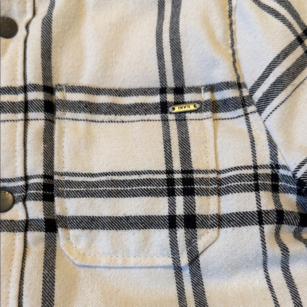IKKS brand Kids Reversible Black Puffer Jacket, interior soft cream plaid, size - Picture 8 of 8